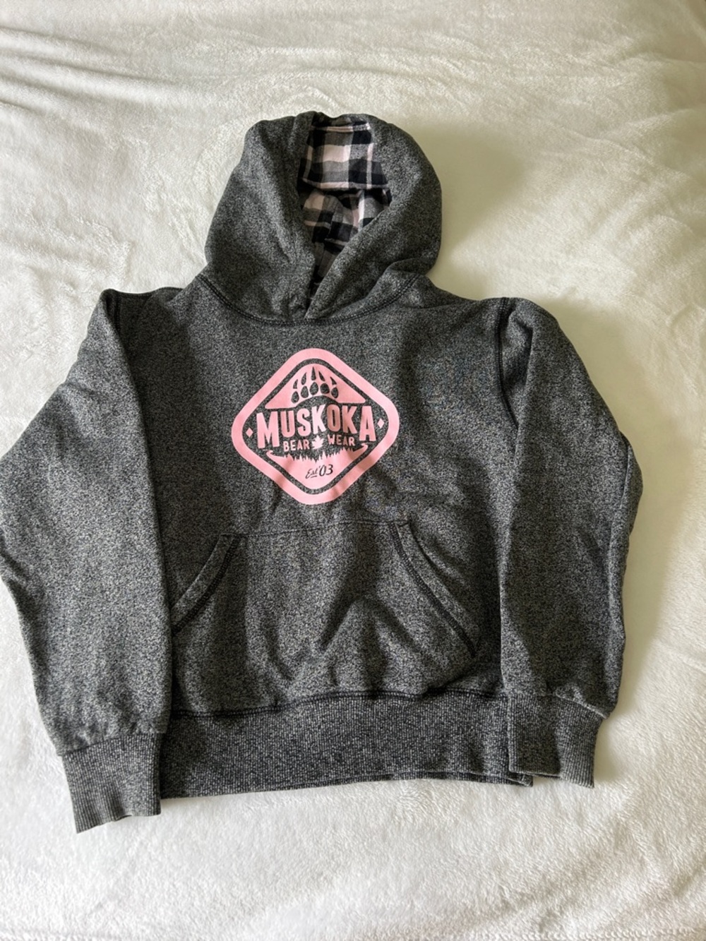 Kids Muskoka Gray Hoodie with Pink Logo